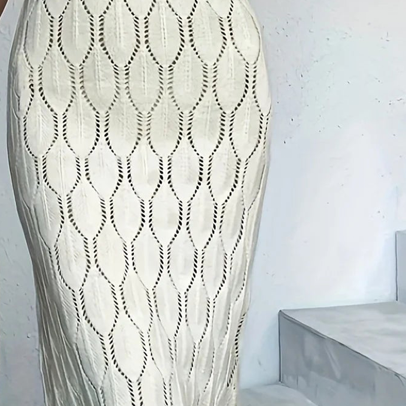 👗 60% RABATT! ✨ Elegant V-ringad Stickad Klänning – Hålmönster – Andningsbar, Figursydd & Perfekt för Fina Tillfällen 💃
