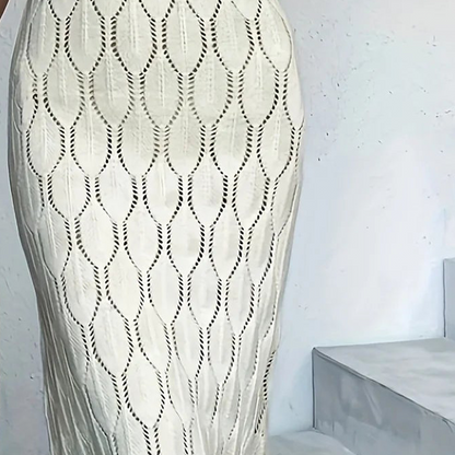 👗 60% RABATT! ✨ Elegant V-ringad Stickad Klänning – Hålmönster – Andningsbar, Figursydd & Perfekt för Fina Tillfällen 💃