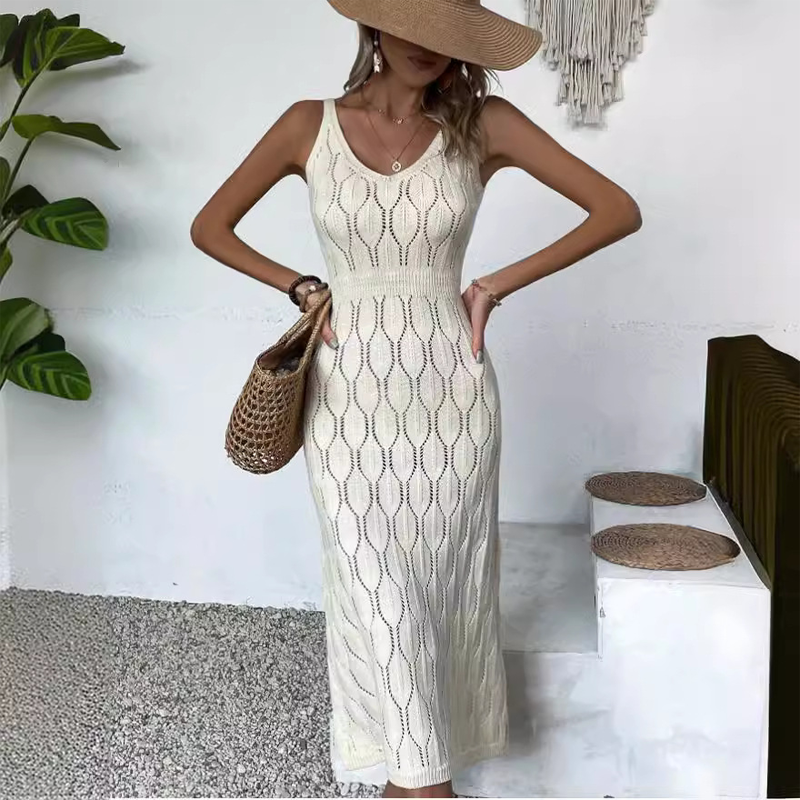 👗 60% RABATT! ✨ Elegant V-ringad Stickad Klänning – Hålmönster – Andningsbar, Figursydd & Perfekt för Fina Tillfällen 💃