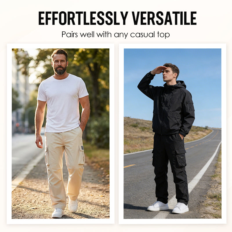 👖 50% RABATT NU!🛠️ Herr Stretch Byxor med Fickor – Multi-Fickor & Dragsko Midja – Casual Raka Byxor 🏃‍♂️
