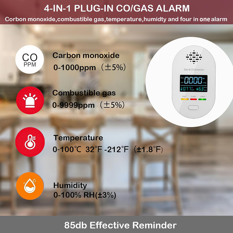 4-i-1 Plug in CO och naturgasdetektor