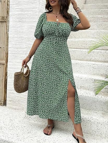 🔥🎁Nyhet 50 % RABATT🔥Klänning Plus Size med Kort Ärm, Slits och Blommönster