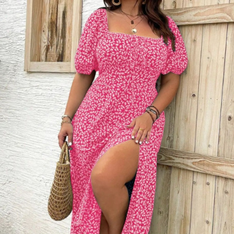 🔥🎁Nyhet 50 % RABATT🔥Klänning Plus Size med Kort Ärm, Slits och Blommönster