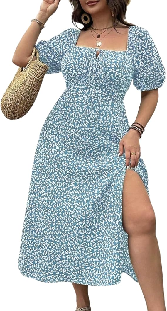 🔥🎁Nyhet 50 % RABATT🔥Klänning Plus Size med Kort Ärm, Slits och Blommönster