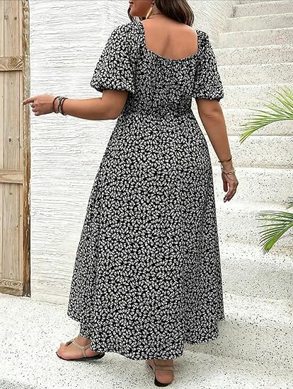 🔥🎁Nyhet 50 % RABATT🔥Klänning Plus Size med Kort Ärm, Slits och Blommönster