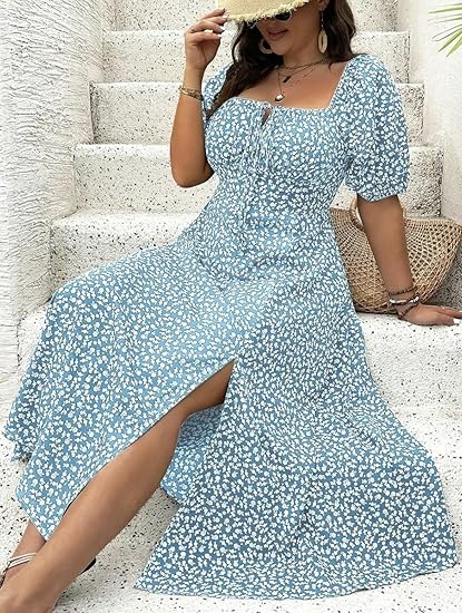 🔥🎁Nyhet 50 % RABATT🔥Klänning Plus Size med Kort Ärm, Slits och Blommönster
