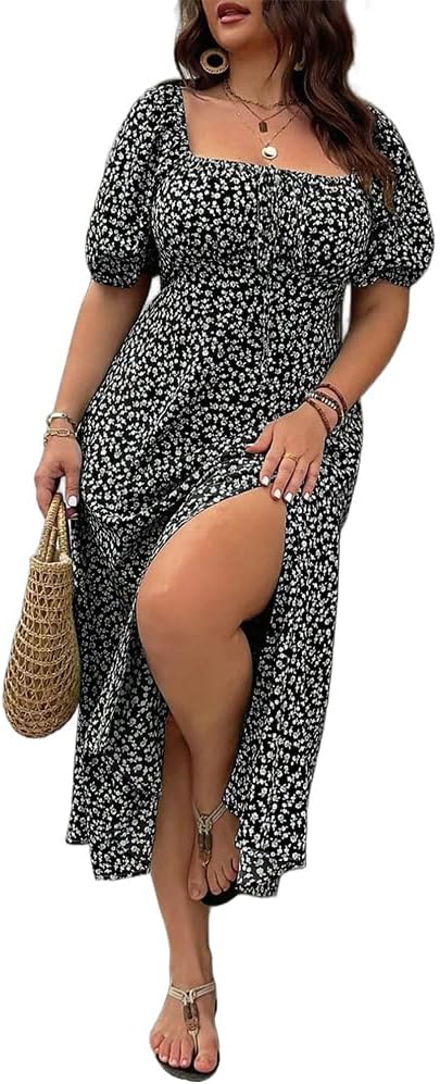 🔥🎁Nyhet 50 % RABATT🔥Klänning Plus Size med Kort Ärm, Slits och Blommönster