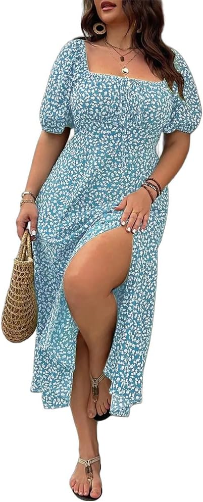 🔥🎁Nyhet 50 % RABATT🔥Klänning Plus Size med Kort Ärm, Slits och Blommönster