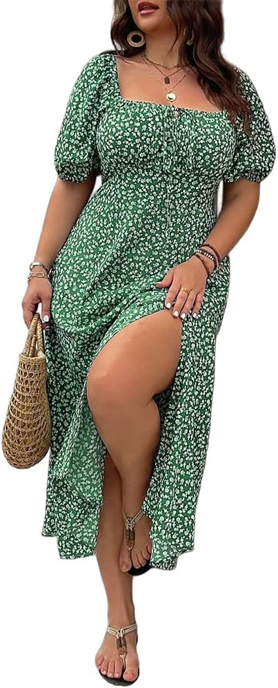 🔥🎁Nyhet 50 % RABATT🔥Klänning Plus Size med Kort Ärm, Slits och Blommönster