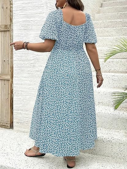 🔥🎁Nyhet 50 % RABATT🔥Klänning Plus Size med Kort Ärm, Slits och Blommönster