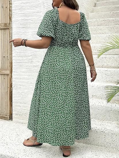 🔥🎁Nyhet 50 % RABATT🔥Klänning Plus Size med Kort Ärm, Slits och Blommönster