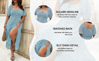 🔥🎁Nyhet 50 % RABATT🔥Klänning Plus Size med Kort Ärm, Slits och Blommönster