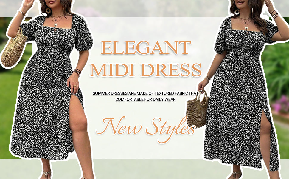 🔥🎁Nyhet 50 % RABATT🔥Klänning Plus Size med Kort Ärm, Slits och Blommönster
