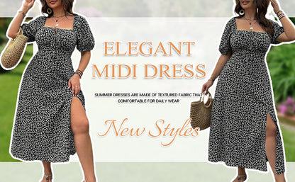 🔥🎁Nyhet 50 % RABATT🔥Klänning Plus Size med Kort Ärm, Slits och Blommönster