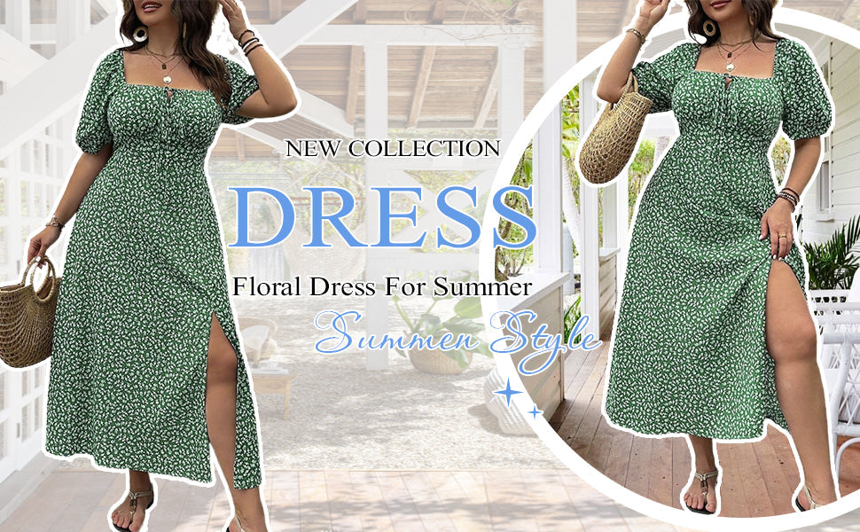 🔥🎁Nyhet 50 % RABATT🔥Klänning Plus Size med Kort Ärm, Slits och Blommönster