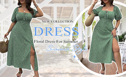 🔥🎁Nyhet 50 % RABATT🔥Klänning Plus Size med Kort Ärm, Slits och Blommönster