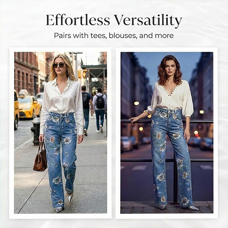 👖 50% RABATT! 🌸 Raka Jeans med Blommönster för Dam – Trendigt Tryck, Bekväm Passform & Perfekt För En Färgstark Look 💙