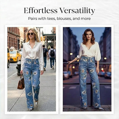 👖 50% RABATT! 🌸 Raka Jeans med Blommönster för Dam – Trendigt Tryck, Bekväm Passform & Perfekt För En Färgstark Look 💙