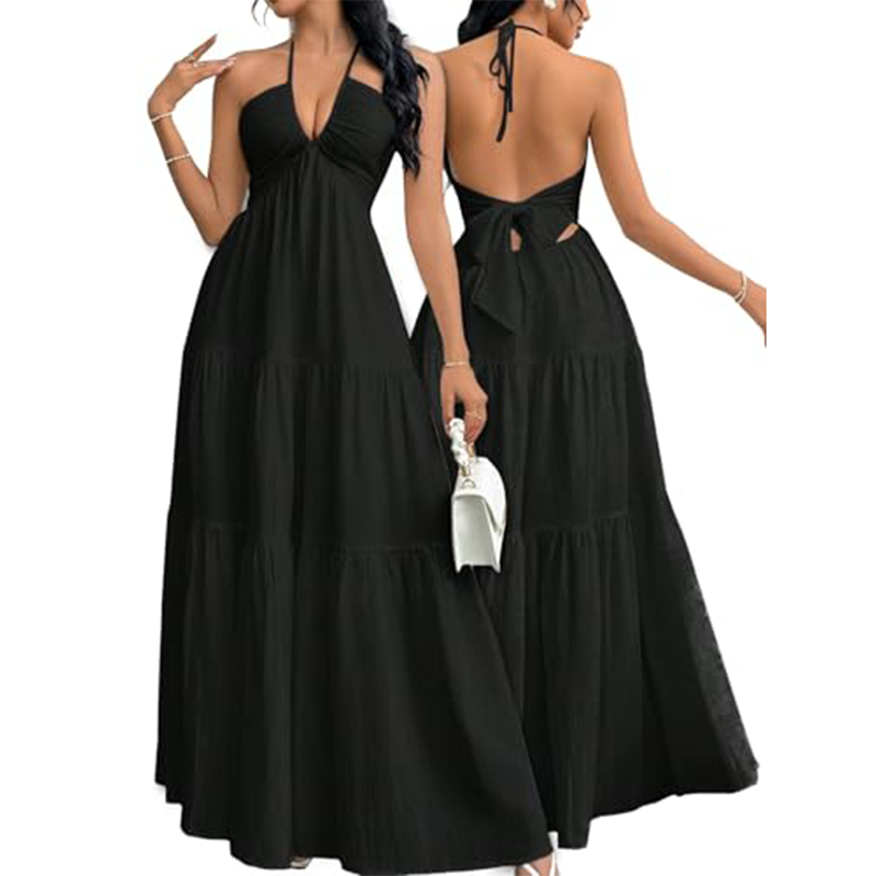 Halter hals rygglös tiered Maxi klänning