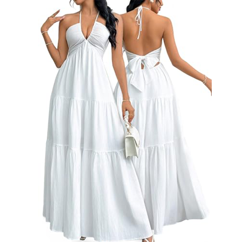 Halter hals rygglös tiered Maxi klänning