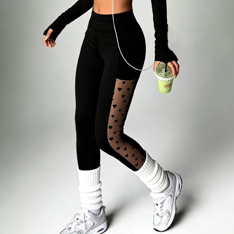 💐 50% RABATT 🔥 | Formgivande Leggings med Hög Midja – Nätpanel & Hjärtmönster