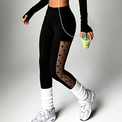 💐 50% RABATT 🔥 | Formgivande Leggings med Hög Midja – Nätpanel & Hjärtmönster