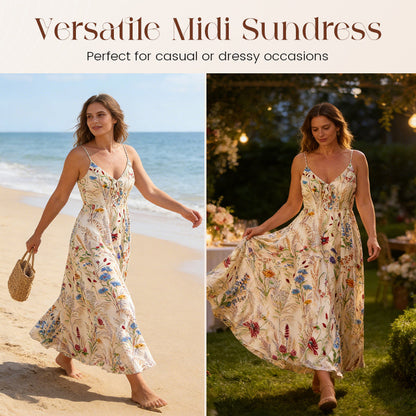 👗 50% RABATT! 🌸 Midi-klänning i Stor Storlek med Blommönster & Spaghettiband – Bekväm, Figursydd & Perfekt för Sommar & Fest 🎀