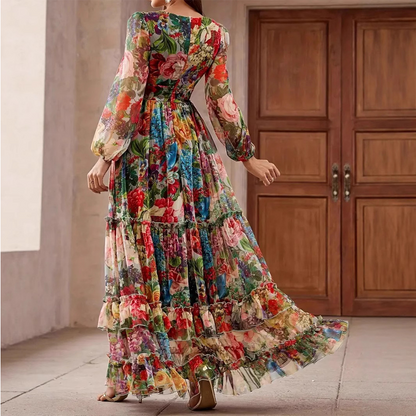 ⏳ Begränsad tid: 50% rabatt⏰Romantisk V-ringad blomsterklänning med lanternärmar👗