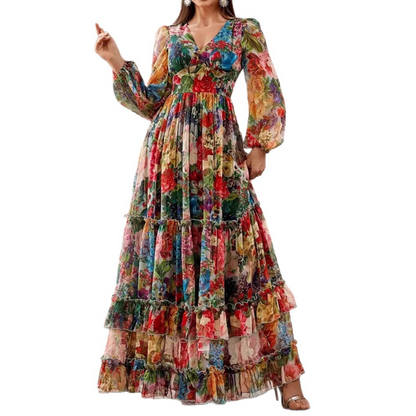 ⏳ Begränsad tid: 50% rabatt⏰Romantisk V-ringad blomsterklänning med lanternärmar👗