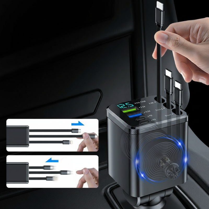🔋 50% RABATT! 🚗 7-i-1 Infällbar Snabbladdare för Bil med Spänningsvisning – USB-C, Snabbladdning & Praktisk för Dagligt Bruk 📱