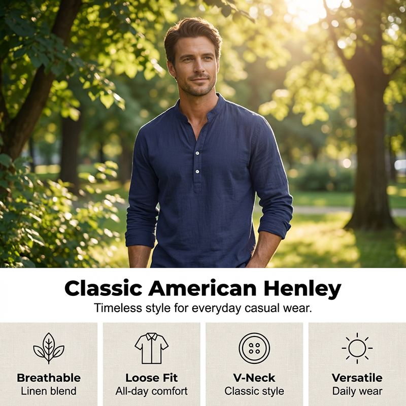 🔥🎁Nyhet 50 % RABATT🔥Avslappnad Henley-t-shirt för män