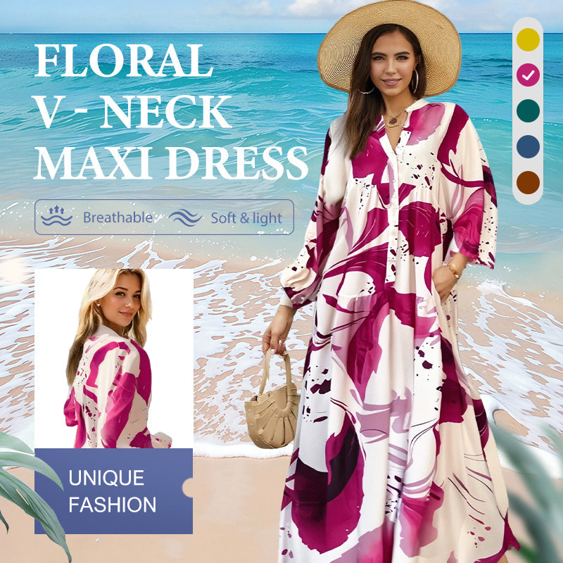 🌸50% RABATT! 💃 Blommig klänning för kvinnor Maxi med v-flame urringning