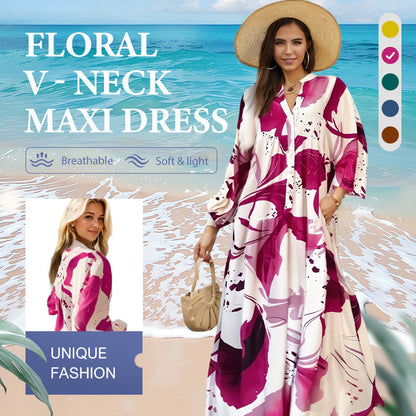 🌸50% RABATT! 💃 Blommig klänning för kvinnor Maxi med v-flame urringning