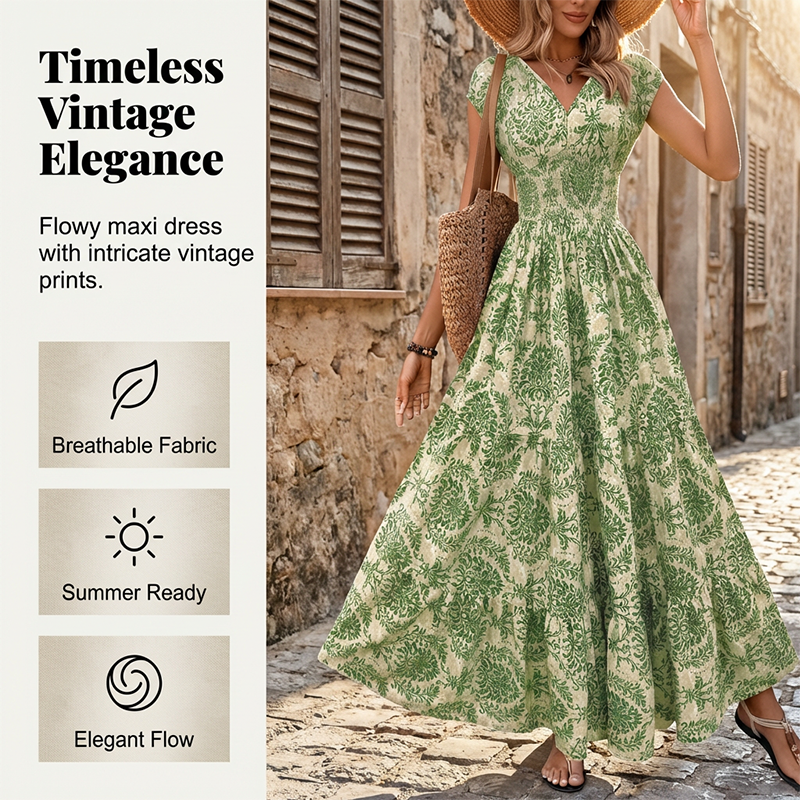 👗 50% RABATT NU! 🌸 Kvinnors V-ringad Blommönstrad Smockad Maxiklänning – Smockad Midja, Andningsbar & Mångsidig Längd ✨