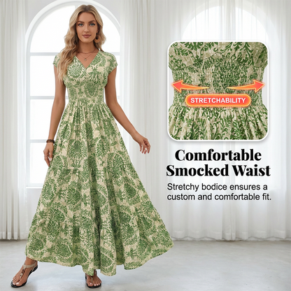 👗 50% RABATT NU! 🌸 Kvinnors V-ringad Blommönstrad Smockad Maxiklänning – Smockad Midja, Andningsbar & Mångsidig Längd ✨