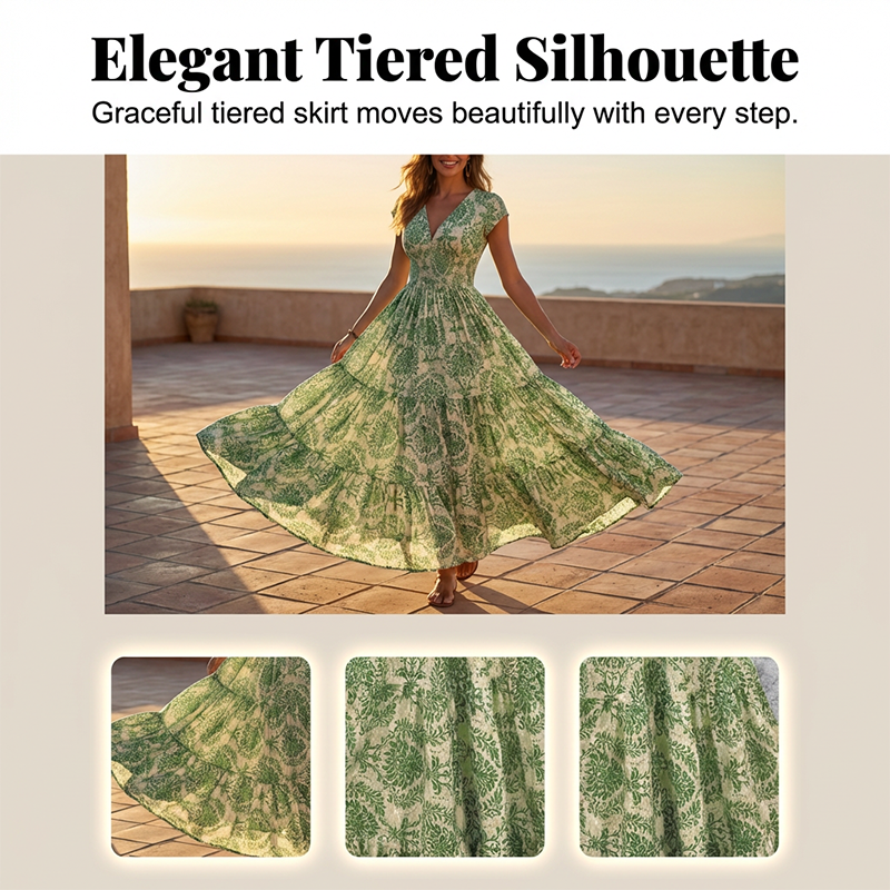 👗 50% RABATT NU! 🌸 Kvinnors V-ringad Blommönstrad Smockad Maxiklänning – Smockad Midja, Andningsbar & Mångsidig Längd ✨