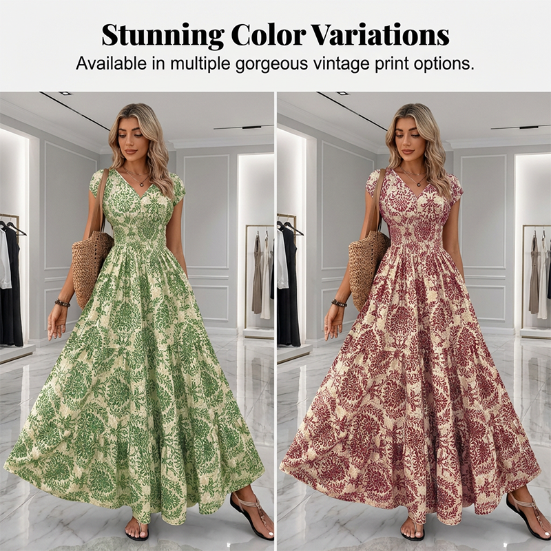👗 50% RABATT NU! 🌸 Kvinnors V-ringad Blommönstrad Smockad Maxiklänning – Smockad Midja, Andningsbar & Mångsidig Längd ✨