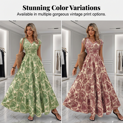 👗 50% RABATT NU! 🌸 Kvinnors V-ringad Blommönstrad Smockad Maxiklänning – Smockad Midja, Andningsbar & Mångsidig Längd ✨
