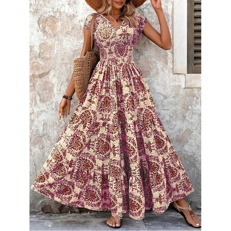 👗 50% RABATT NU! 🌸 Kvinnors V-ringad Blommönstrad Smockad Maxiklänning – Smockad Midja, Andningsbar & Mångsidig Längd ✨