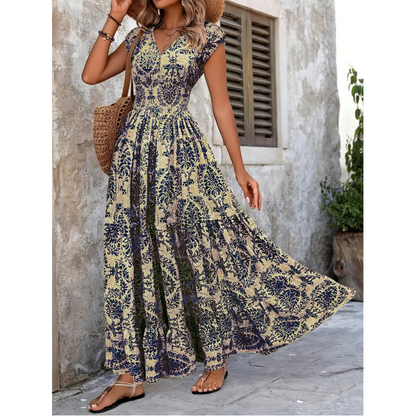 👗 50% RABATT NU! 🌸 Kvinnors V-ringad Blommönstrad Smockad Maxiklänning – Smockad Midja, Andningsbar & Mångsidig Längd ✨