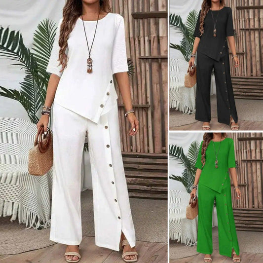 👗 50% RABATT! 🌸 Tvådelade Set för Kvinnor – Topp med Oregelbunden Fåll & Vida Byxor, Trendig Look & Perfekt För Varma Dagar 💃