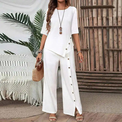 👗 50% RABATT! 🌸 Tvådelade Set för Kvinnor – Topp med Oregelbunden Fåll & Vida Byxor, Trendig Look & Perfekt För Varma Dagar 💃