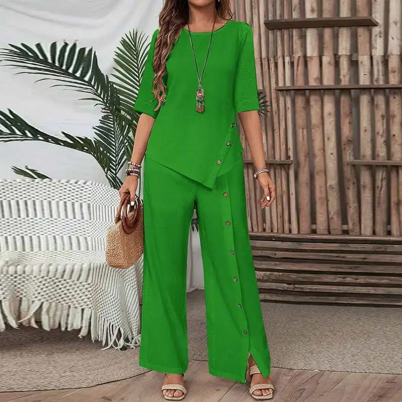 👗 50% RABATT! 🌸 Tvådelade Set för Kvinnor – Topp med Oregelbunden Fåll & Vida Byxor, Trendig Look & Perfekt För Varma Dagar 💃