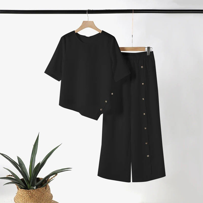 👗 50% RABATT! 🌸 Tvådelade Set för Kvinnor – Topp med Oregelbunden Fåll & Vida Byxor, Trendig Look & Perfekt För Varma Dagar 💃
