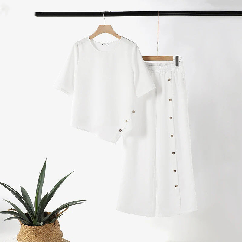 👗 50% RABATT! 🌸 Tvådelade Set för Kvinnor – Topp med Oregelbunden Fåll & Vida Byxor, Trendig Look & Perfekt För Varma Dagar 💃