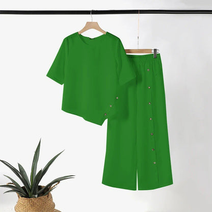 👗 50% RABATT! 🌸 Tvådelade Set för Kvinnor – Topp med Oregelbunden Fåll & Vida Byxor, Trendig Look & Perfekt För Varma Dagar 💃
