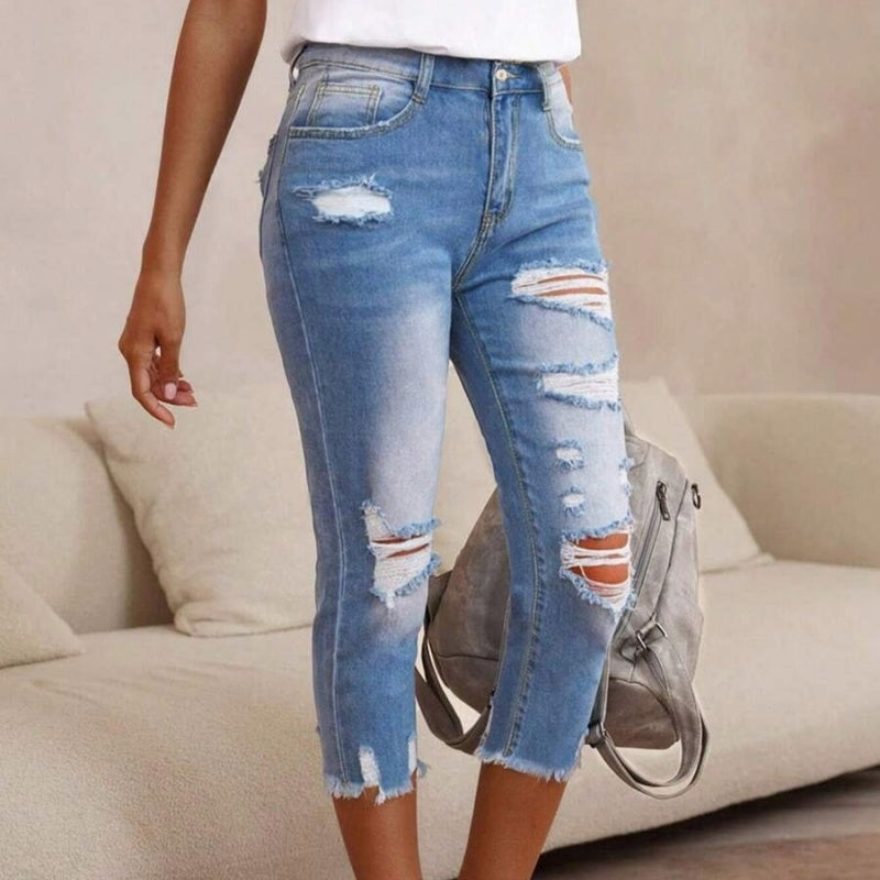 Kvinnors Ript Tvättad Raw Hem Jeans