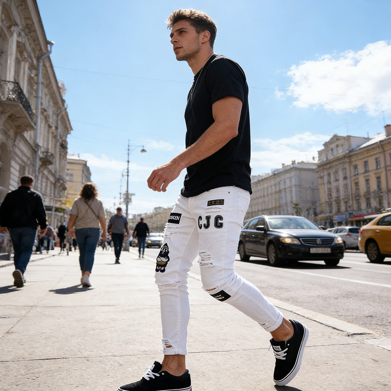 🔥 50% RABATT NU! 👖 Herrar slim jeans med rev – Modersmål lappar & hållbart denim 🎨👟