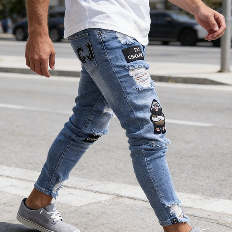 🔥 50% RABATT NU! 👖 Herrar slim jeans med rev – Modersmål lappar & hållbart denim 🎨👟