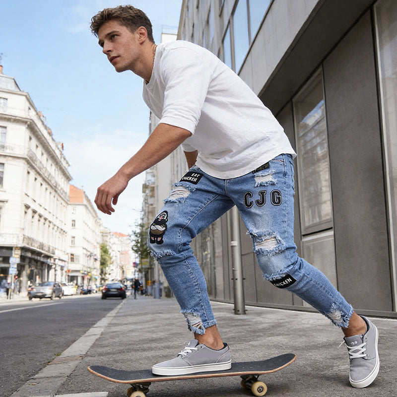 🔥 50% RABATT NU! 👖 Herrar slim jeans med rev – Modersmål lappar & hållbart denim 🎨👟